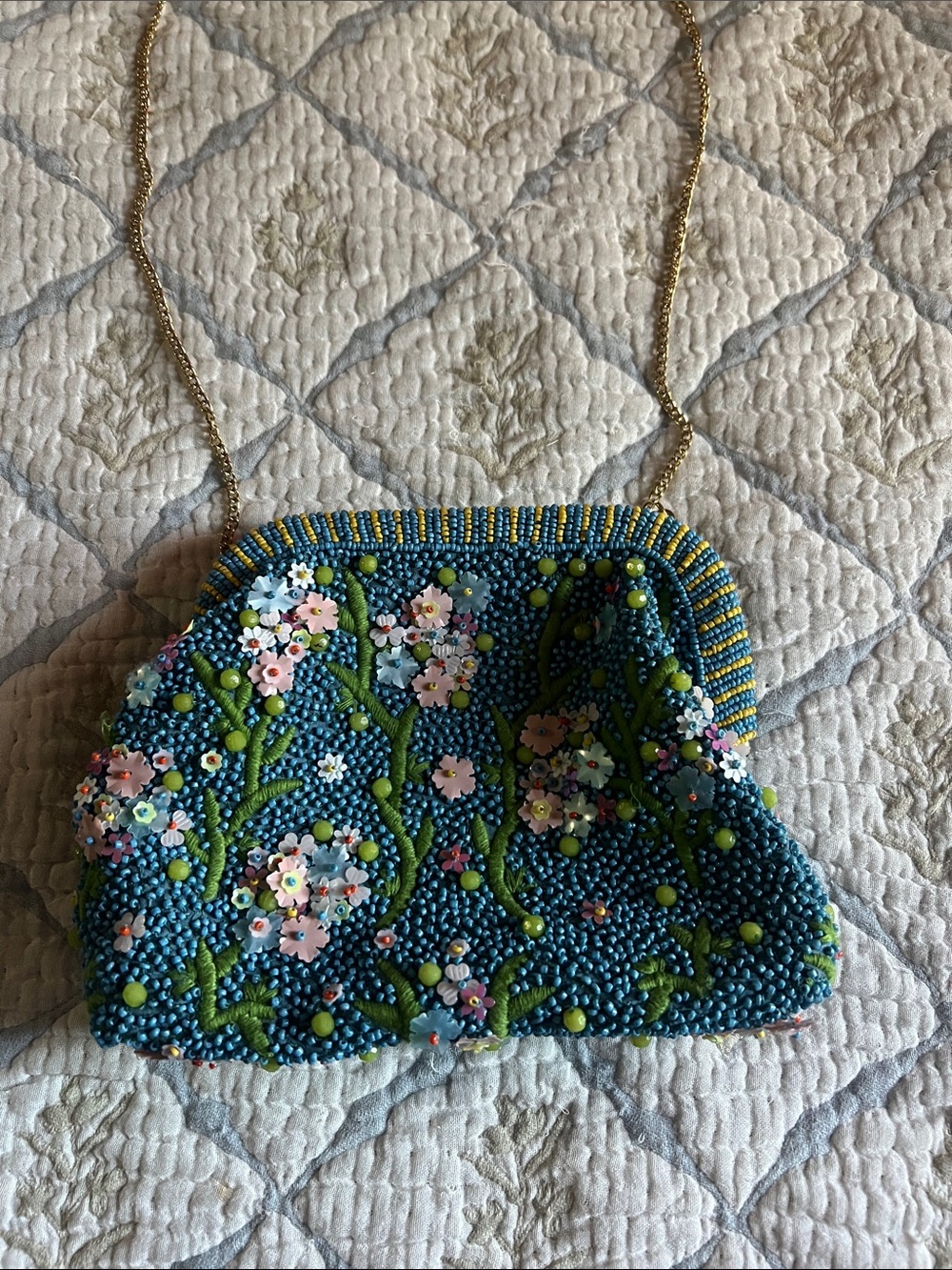 Beaded Floral Evening Clutch - Blue